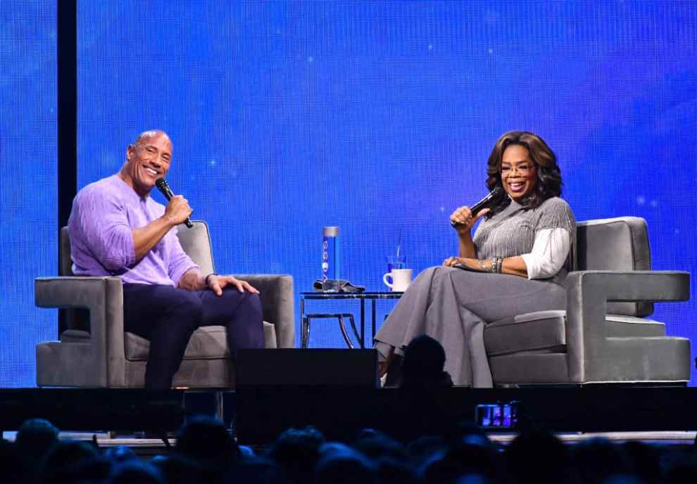 ATLANTA, GEORGIA - JANUARY 25: (EXCLUSIVE COVERAGE) Dwayne Johnson and Oprah Winfrey onstage during Oprah's 2020 Vision: Your Life in Focus Tour presented by WW (Weight Watchers Reimagined) at State Farm Arena on January 25, 2020 in Atlanta, Georgia.