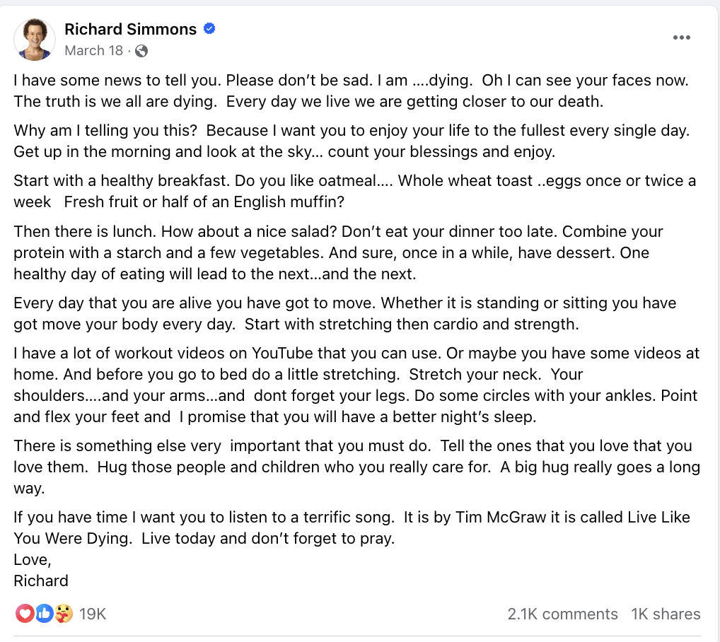 RIchard Simmons Facebook Post