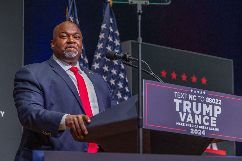 ASHEVILLE, NORTH CAROLINA - AUGUST 14: Mark Robinson, Lieutenant Governor of North Carolina and candidate for Governor, delivers remarks prior to Republican presidential nominee former President Donald Trump speaking at a campaign event at Harrah's Cherokee Center on August 14, 2024 in Asheville, North Carolina. Trump will speak on the economy as Vice President Kamala Harris surges in the polls in swing states.