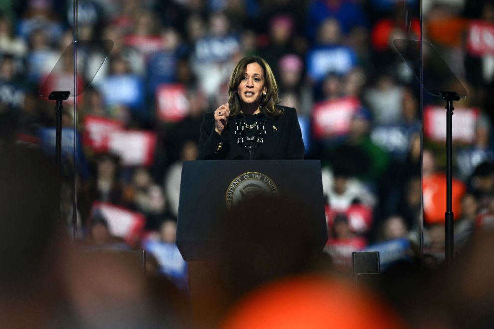 TOPSHOT - US Vice President and Democratic presidential candidate Kamala Harris speaks during a campaign rally on the Benjamin Franklin Parkway in Philadelphia, Pennsylvania on November 4, 2024.