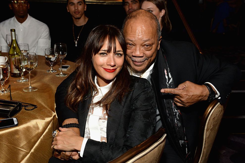 LOS ANGELES, CA - JANUARY 25: Actress Rashida Jones (L) and producer Quincy Jones attend the 56th annual GRAMMY Awards Pre-GRAMMY Gala and Salute to Industry Icons honoring Lucian Grainge at The Beverly Hilton on January 25, 2014 in Los Angeles, California.