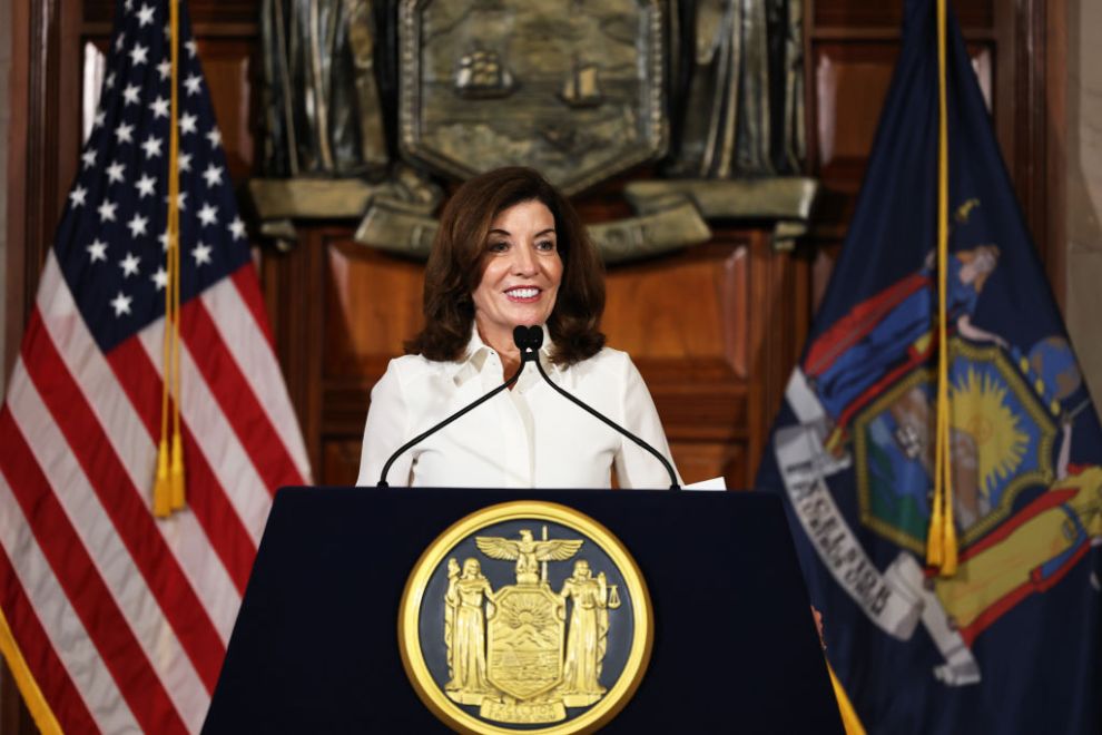 ALBANY, NEW YORK - AUGUST 24: New York Gov. Kathy Hochul speaks after taking her ceremonial oath of office at the New York State Capitol on August 24, 2021 in Albany, New York. Gov. Hochul was sworn in today as New York State's 57th Governor, making her New York's first female governor. Hochul took over after Gov. Andrew Cuomo announced he would resign following the release of a report by the NYS Attorney General Letitia James, that concluded Cuomo had sexually harassed nearly a dozen women.