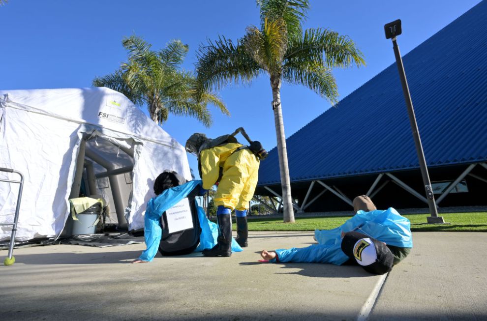 Long Beach, CA - January 11: A multi-agency hazmat drill was held at CSULB, near the Walter Pyramid, the largest emergency drill ever organized in Long Beach on Thursday, January 11, 2024. The scenario was first responders providing emergency services to decontaminate casualties of hazmat attacks. Volunteers acted out various levels of contamination and illness.
