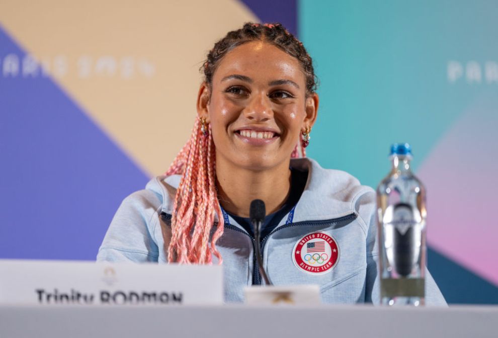PARIS, FRANCE - AUGUST 8: Trinity Rodman of the United States talk to the media during a USWNT press conference at the Main Press Center on August 8, 2024 in Paris, France