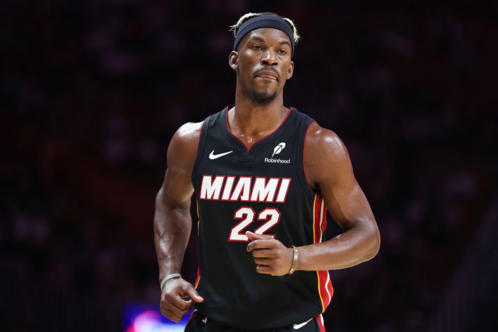 MIAMI, FLORIDA - JANUARY 19: Jimmy Butler #22 of the Miami Heat looks on against the San Antonio Spurs during the first quarter of the game at Kaseya Center on January 19, 2025 in Miami, Florida. NOTE TO USER: User expressly acknowledges and agrees that, by downloading and or using this photograph, User is consenting to the terms and conditions of the Getty Images License Agreement.
