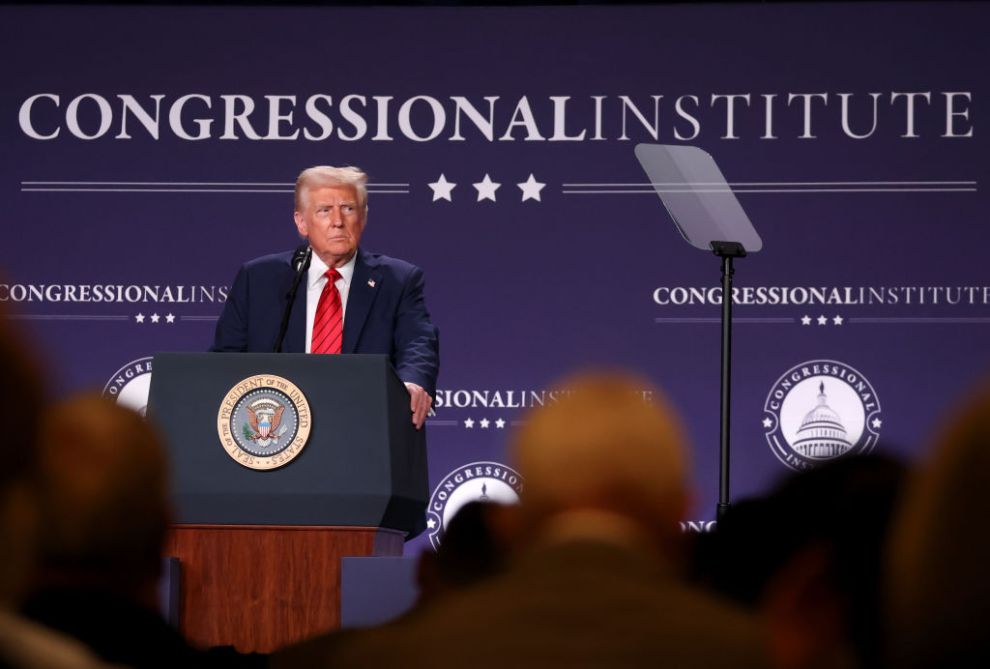 DORAL, FLORIDA - JANUARY 27: U.S. President Donald Trump addresses the 2025 Republican Issues Conference at the Trump National Doral Miami on January 27, 2025 in Doral, Florida. The three-day planning session was expected to lay out Trump's ambitious legislative agenda.