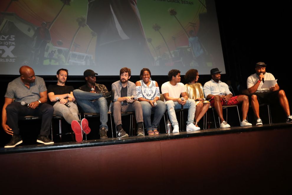 NEW YORK, NY - JULY 20: (L-R) John Singleton, Dave Andron, Damson Idris, Carter Hudson, Michael Hyatt, Isaiah John, Angela Lewis, Amin Joseph and Ebro Darden attend the "Snowfall" New York Screening at The Schomburg Center for Research in Black Culture on July 20, 2017 in New York City.