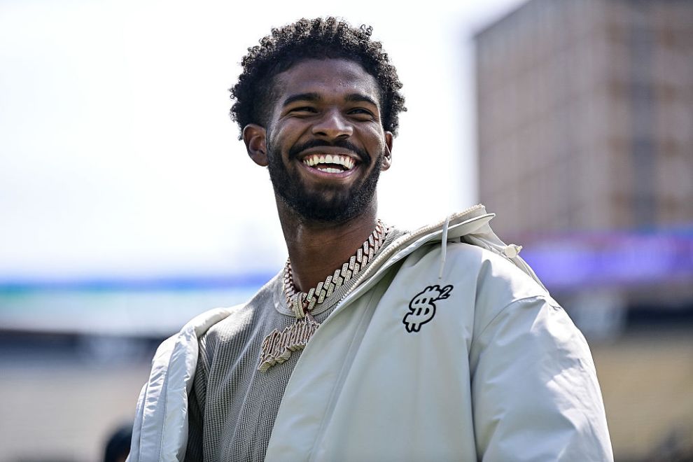 BOULDER, CO - APRIL 19: Former Colorado Buffaloes quarterback Shedeur Sanders looks on during a ceremony to retire his jersey before the Black and Gold Spring Game at Folsom Field on April 19, 2025 in Boulder, Colorado.