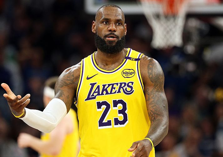 MINNEAPOLIS, MINNESOTA - APRIL 25: LeBron James #23 of the Los Angeles Lakers celebrates his three-point basket against the Minnesota Timberwolves in the fourth quarter of Game Three of the First Round of the 2025 NBA Playoffs at Target Center on April 25, 2025 in Minneapolis, Minnesota. The Timberwolves defeated the Lakers 116-104 to take a 2-1 series lead. NOTE TO USER: User expressly acknowledges and agrees that, by downloading and or using this photograph, User is consenting to the terms and conditions of the Getty Images License Agreement.