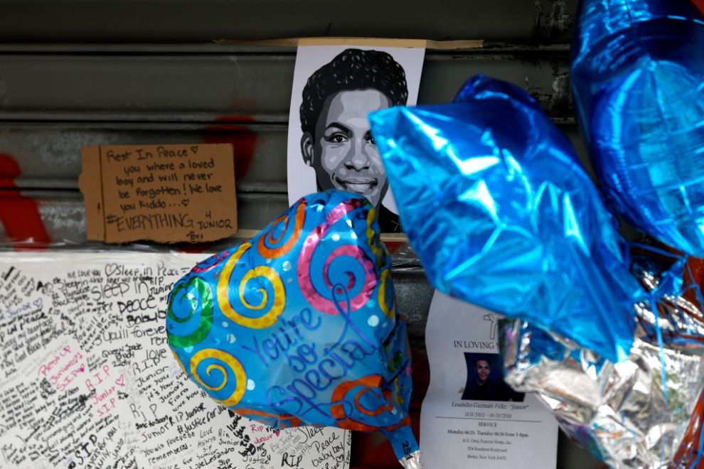 NEW YORK, USA - JUNE 27 :People visit murder site to mourn the death of Lesandro Guzman-Feliz in Bronx in New York, United States on June 27, 2018. Lesandro Guzman-Feliz, the 15-year-old Bronx teen was dragged from a store and murdered by a group of gang members.