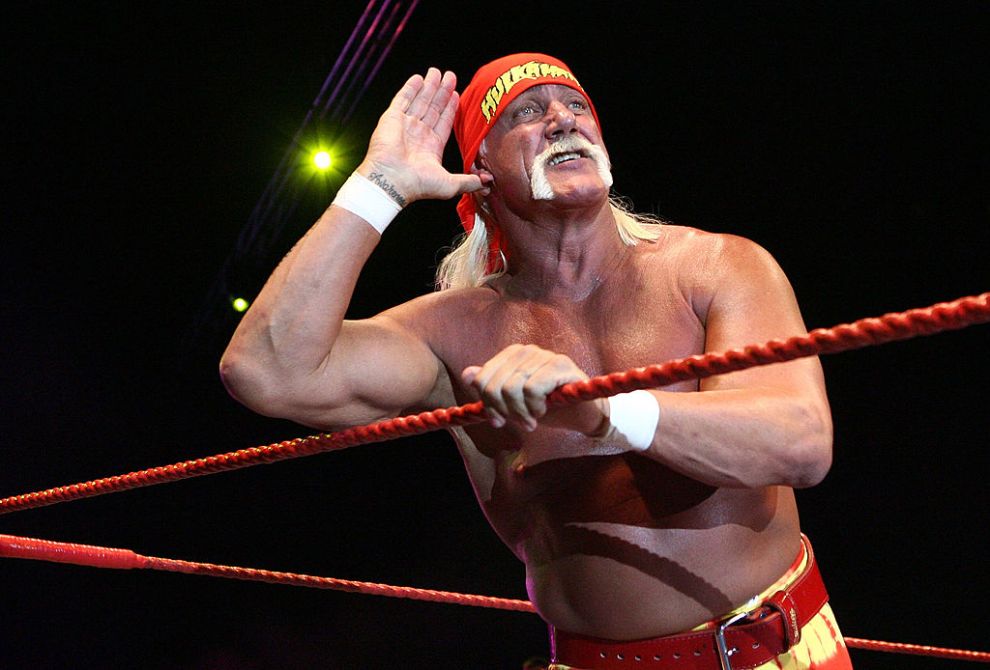 PERTH, AUSTRALIA - NOVEMBER 24: Hulk Hogan gestures to the audience during his Hulkamania Tour at the Burswood Dome on November 24, 2009 in Perth, Australia.